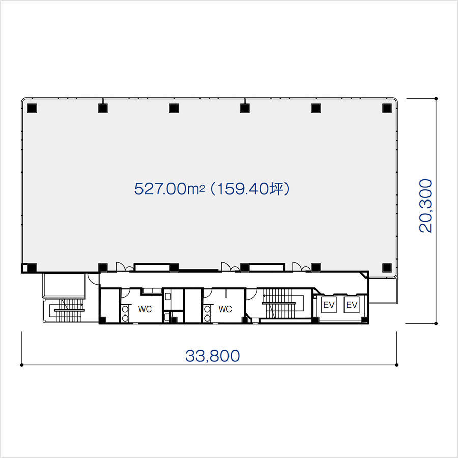 The standard floor plan of the Urban Ace Hirakata Building shows the overall floor dimensions as 20,300mm long and 33,800mm wide. The area is listed as 527.00m² (159.40 tsubo). The elevator, toilet, and stairs are located in the core area below the floor.