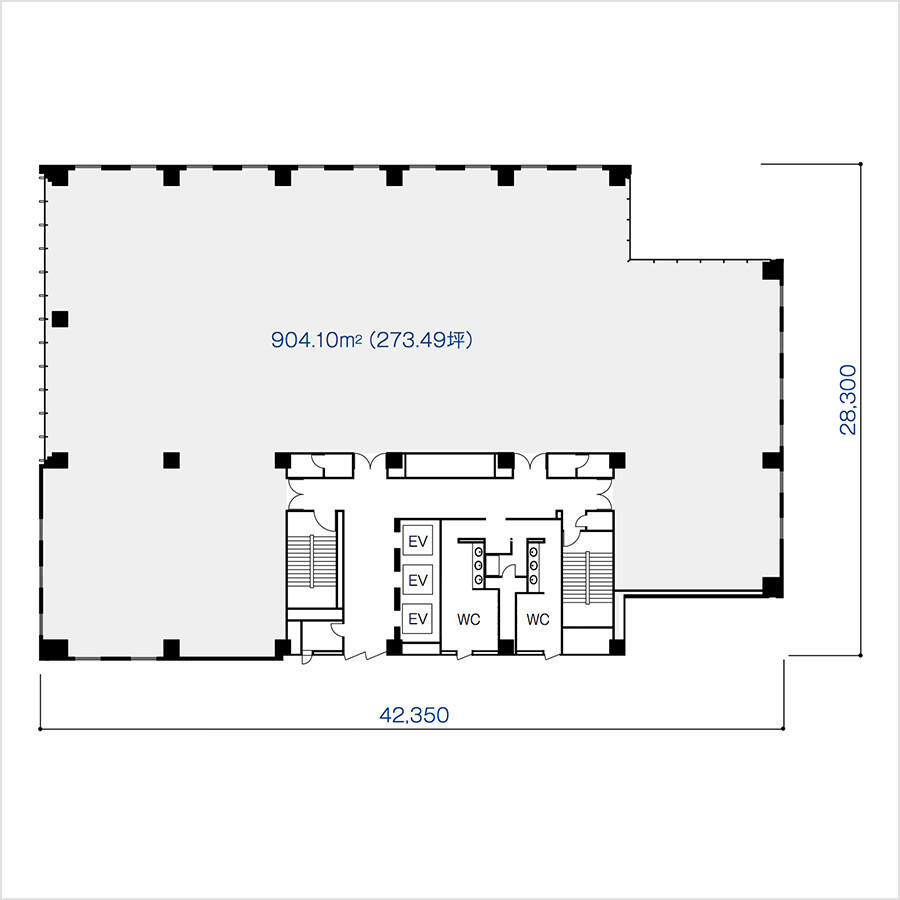 The standard floor plan of Urbannet Hakata Building shows the overall floor dimensions as 28,300mm long and 42,350mm wide. The area is listed as 904.10m² (273.49 tsubo). The elevator, toilet, and staircase are located in the core area below the floor.