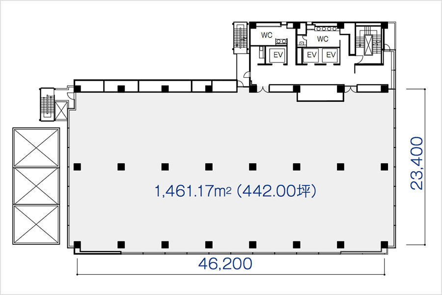 The standard floor plan of Urbannet CS Building shows the overall floor dimensions as 23,400mm long and 46,200mm wide. The area is listed as 1,461.17m² (442.00 tsubo). The elevator, toilet, and staircase are located in the core area above the floor.