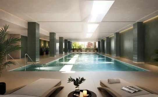 Image of shared amenities (left: pool, center: lounge, right: gym)