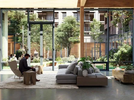 Image of shared amenities (left: pool, center: lounge, right: gym)