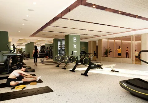 Image of shared amenities (left: pool, center: lounge, right: gym)