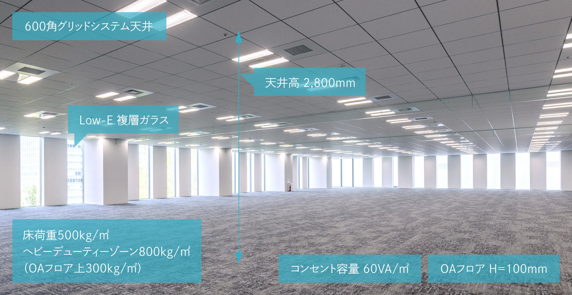 A spacious space with a ceiling height of 2,800 mm.